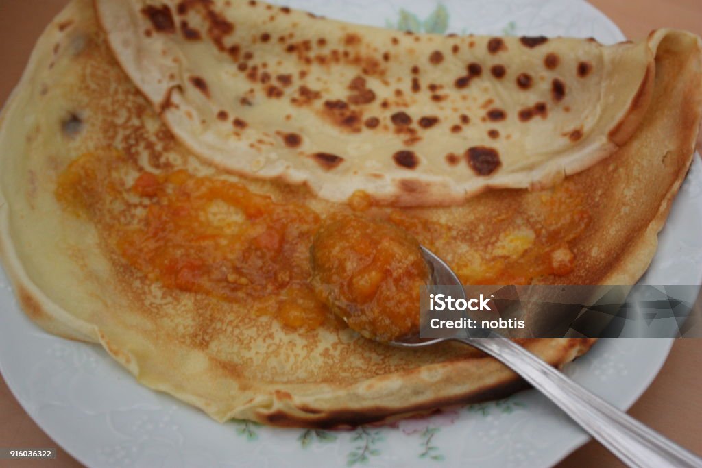 Crepe of the candlemas Crepe of the candlemas with jam of oranges and clementines of Corsican Breakfast Stock Photo