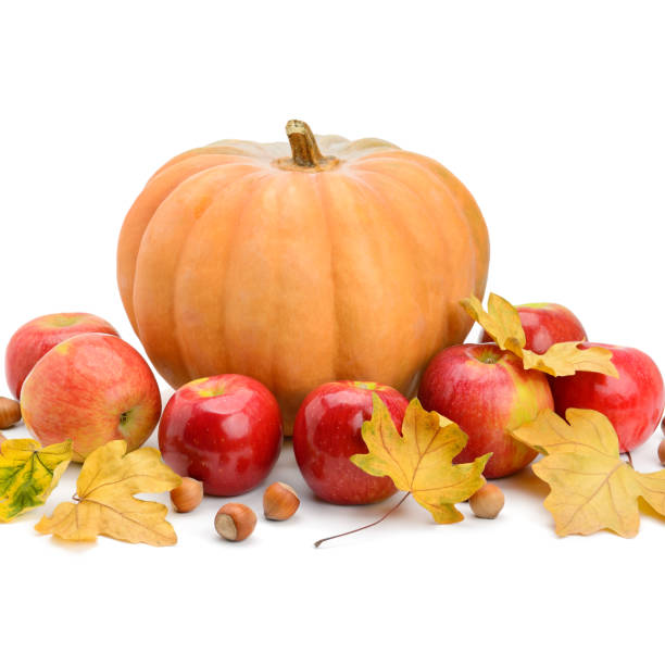 istock Pumpkin, apples and hazel isolated on white background. 916039156