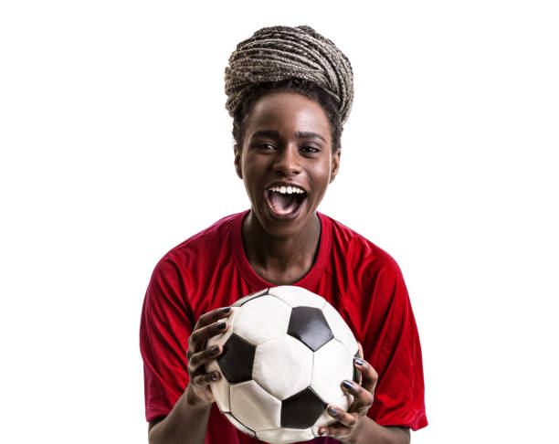 voetbal afro jonge vrouw vieren op rode uniform geïsoleerd op witte achtergrond - morocco brazil stockfoto's en -beelden