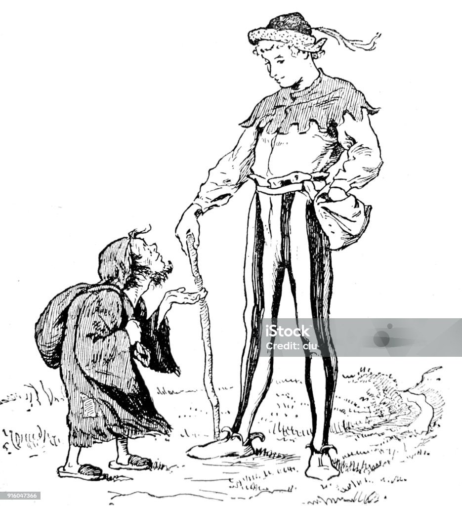 The brave little tailor meets a beggar Illustration from 19th century Courage stock illustration