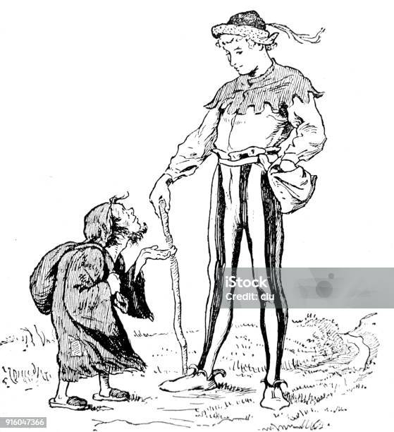 The Brave Little Tailor Meets A Beggar Stock Illustration - Download Image Now - Courage, Beggar, Fairy Tale