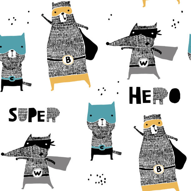 Seamless pattern with hand drawn cat,bear, wolf hero. Creative childish texture in scandinavian style. Great for fabric, textile Vector Illustration Seamless pattern with hand drawn cat,bear, wolf hero. Creative childish texture in scandinavian style. Great for fabric, textile Vector Illustration superhero drawings stock illustrations