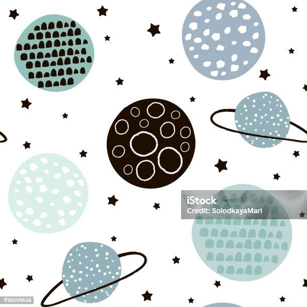Seamless Pattern With Stars Constellations Planets And Hand Drawn Elements Childish Texture Great For Fabric Textile Vector Illustration Stock Illustration - Download Image Now