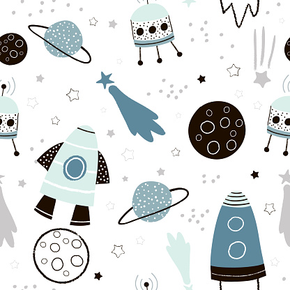 Childish seamless pattern with hand drawn space elements space, rocket, star, planet, space probe. Trendy kids vector background.