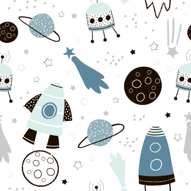 Childish seamless pattern with hand drawn space elements space, rocket, star, planet, space probe. Trendy kids vector background. Childish seamless pattern with hand drawn space elements space, rocket, star, planet, space probe. Trendy kids vector background. rocketship patterns stock illustrations