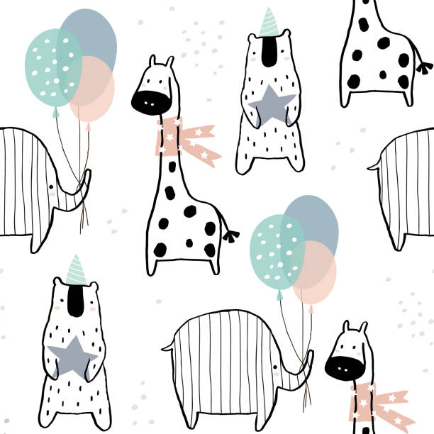 illustrazioni stock, clip art, cartoni animati e icone di tendenza di motivo senza cuciture con elementi di giraffa, elefante, orso e festa disegnati a mano. texture infantile creativa in stile scandinavo. ottimo per tessuto, illustrazione vettoriale tessile - fashion palette