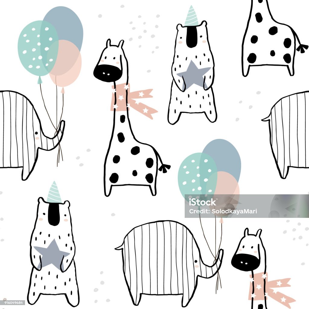 Seamless pattern with hand drawn giraffe, elephant, bear and party elements. Creative childish texture in scandinavian style. Great for fabric, textile Vector Illustration Balloon stock vector