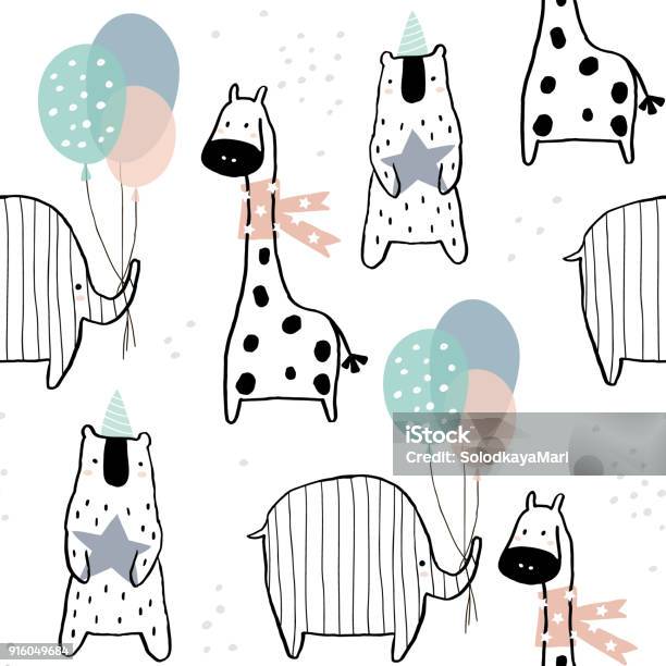 Seamless Pattern With Hand Drawn Giraffe Elephant Bear And Party Elements Creative Childish Texture In Scandinavian Style Great For Fabric Textile Vector Illustration Stock Illustration - Download Image Now