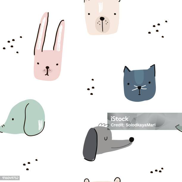 Seamless Pattern With Hand Drawn Animal Faces Creative Childish Background Perfect For Kids Apparelfabric Textile Nursery Decorationwrapping Papervector Illustration Stock Illustration - Download Image Now