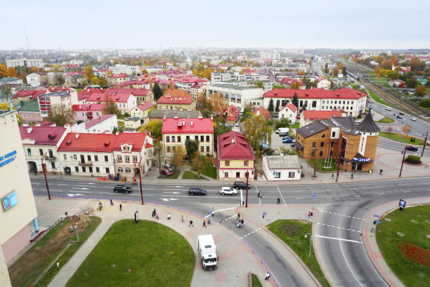 Panoramic view of Grodno, Belarus. The historic city center with red tile roofs in perspective.