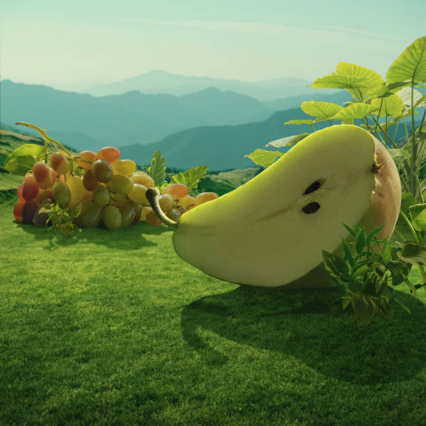 Surreal giant pear and grapes at mountain field Surreal giant pear and grapes at mountain field fairy photos stock pictures, royalty-free photos & images