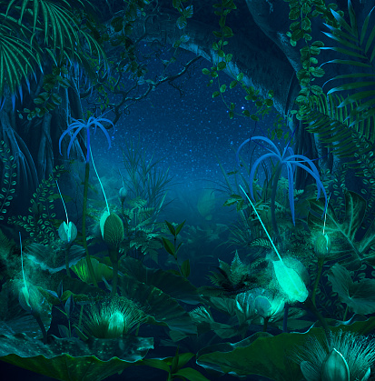 Selva de noche surrealista con flores y plantas luminiscentes photo