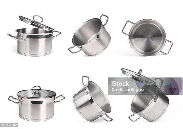 Set Of Metal Saucepans Isolated On White Background Stock Photo - Download Image Now