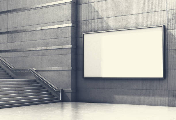 istock Blank advertising billboard on concrete wall with steps up. 3d illustration 916064070