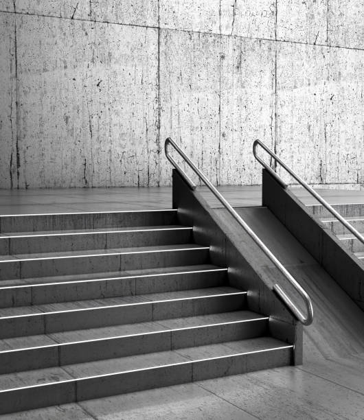 istock Gray stairs in front of the wall. 3d illustration 916064242