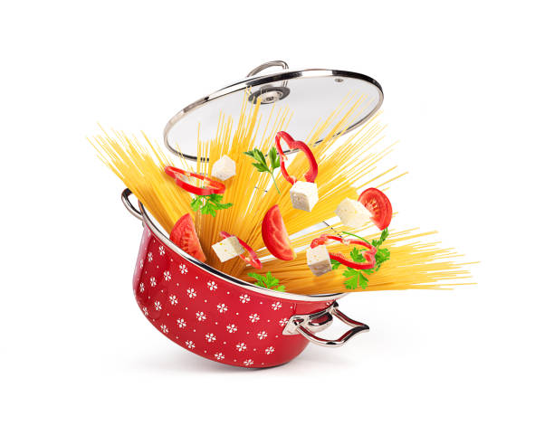 istock Red saucepan with pasta and cheese with vegetables, isolated on white background 916067886