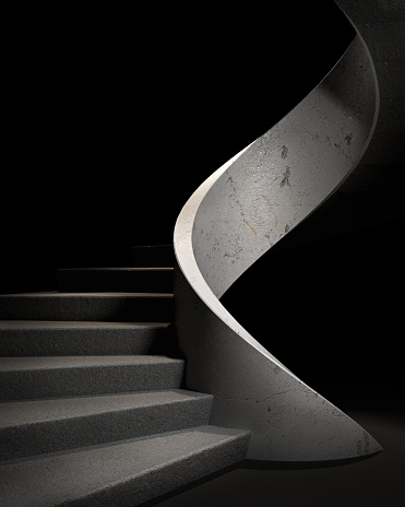 Staircase in a dark hall, a Game of light and shadows. 3d illustration