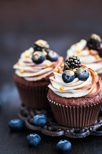 Homemade delicious chocolate cupcakes with fresh berries on top