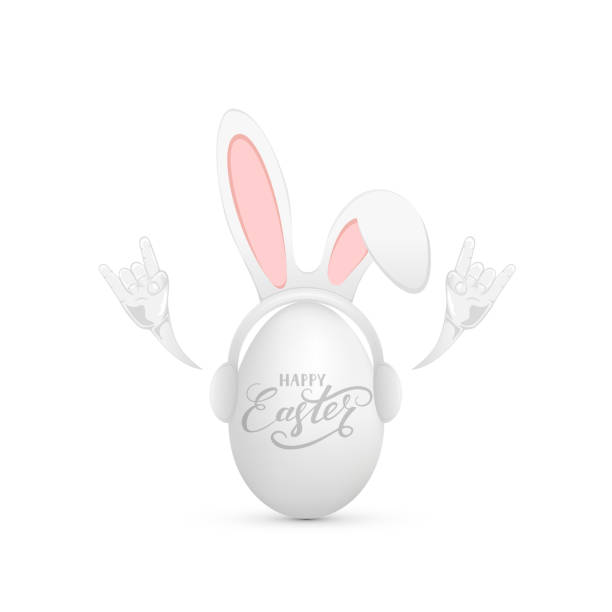 Easter egg with rabbit ears Funny mask with rabbit ears on Easter egg and rock and roll hand, illustration. religious celebration audio stock illustrations