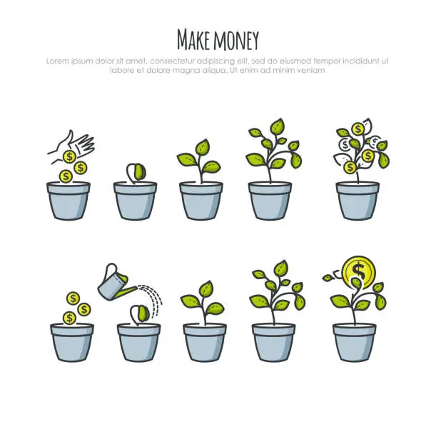 Vector illustration of Investment Process with money tree and businessman hand vector illustration. Investments and financial business growth concept. Growing money tree