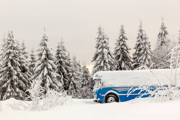 istock Blue bus parked in a snowy landscape. 916079532