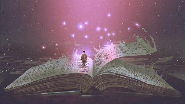boy standing on the magic book Boy standing on the opened giant book with fantasy light, digital art style, illustration painting giant fictional character stock illustrations