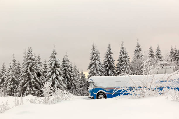 istock Blue bus parked in a snowy landscape. 916083972