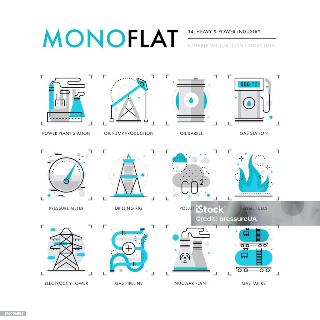 Power Industry Monoflat Icons Infographics icons collection of power industry, electricity grid systems, gas transportation. Modern thin line icons set. Premium quality vector illustration concept. Flat design web graphics elements. Coal stock vector
