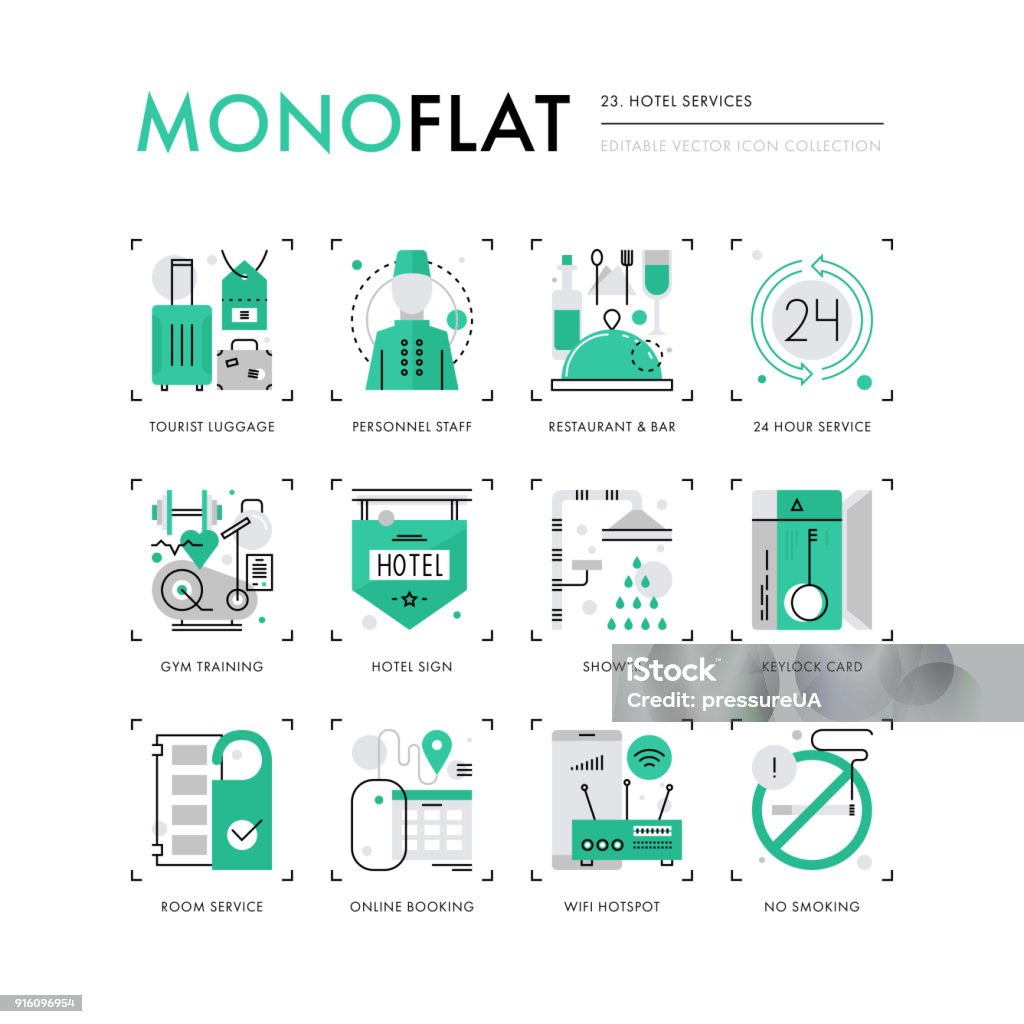 Hotel Services Monoflat Icons Infographics icons collection of hotel service, reception staff, room service for tourist. Modern thin line icons set. Premium quality vector illustration concept. Flat design web graphics elements. Icon Symbol stock vector