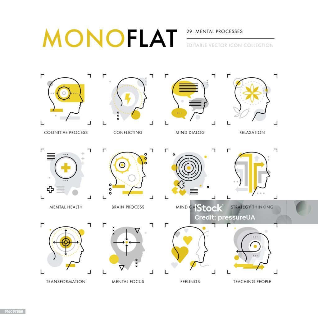 Mental Processes Monoflat Icons Infographics icons collection of mental processes, mind operation of thinking, brain health. Modern thin line icons set. Premium quality vector illustration concept. Flat design web graphics elements. Icon Symbol stock vector