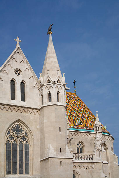 Fisherman's Bastion (Halaszbastya) in Budapest. In medieval times, the fish market was nearby and the bastion was built to commemorate the fishermen who protected this part of the city. The seven tent-like turrets symbolize the seven Hungarian tribes that arrived to the Carpathian Basin in 896.