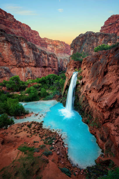 Havasu Falls Sunset Havasu Falls Sunset taken in 2015 havasupai indian reservation stock pictures, royalty-free photos & images