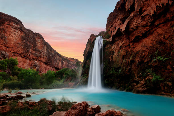 Havasu Falls Sunset Havasu Falls Sunset taken in 2015 havasupai indian reservation stock pictures, royalty-free photos & images