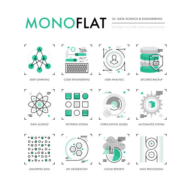 Data Science Monoflat Icons Infographics icons collection of data science, programming technology, deep learning algorithm. Modern thin line icons set. Premium quality vector illustration concept. Flat design web graphics elements. scrutiny icon stock illustrations