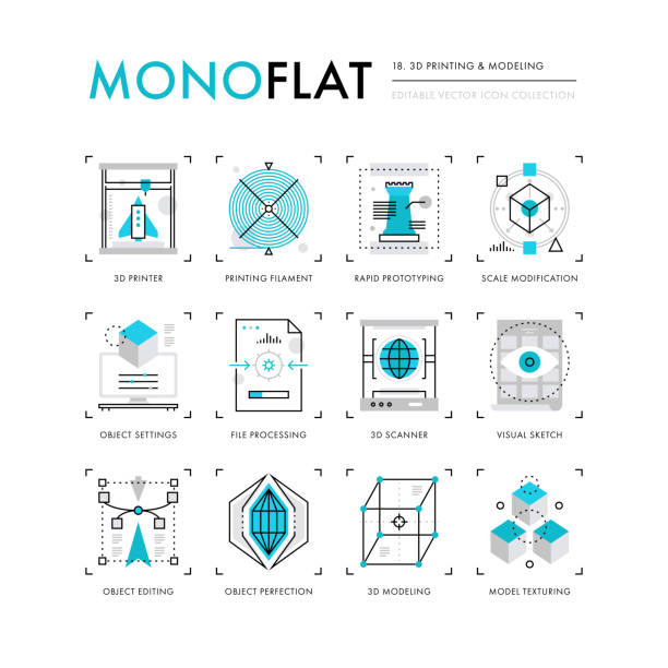 ikony monoflatów drukowania 3d - three dimensional three dimensional shape printing out technology stock illustrations