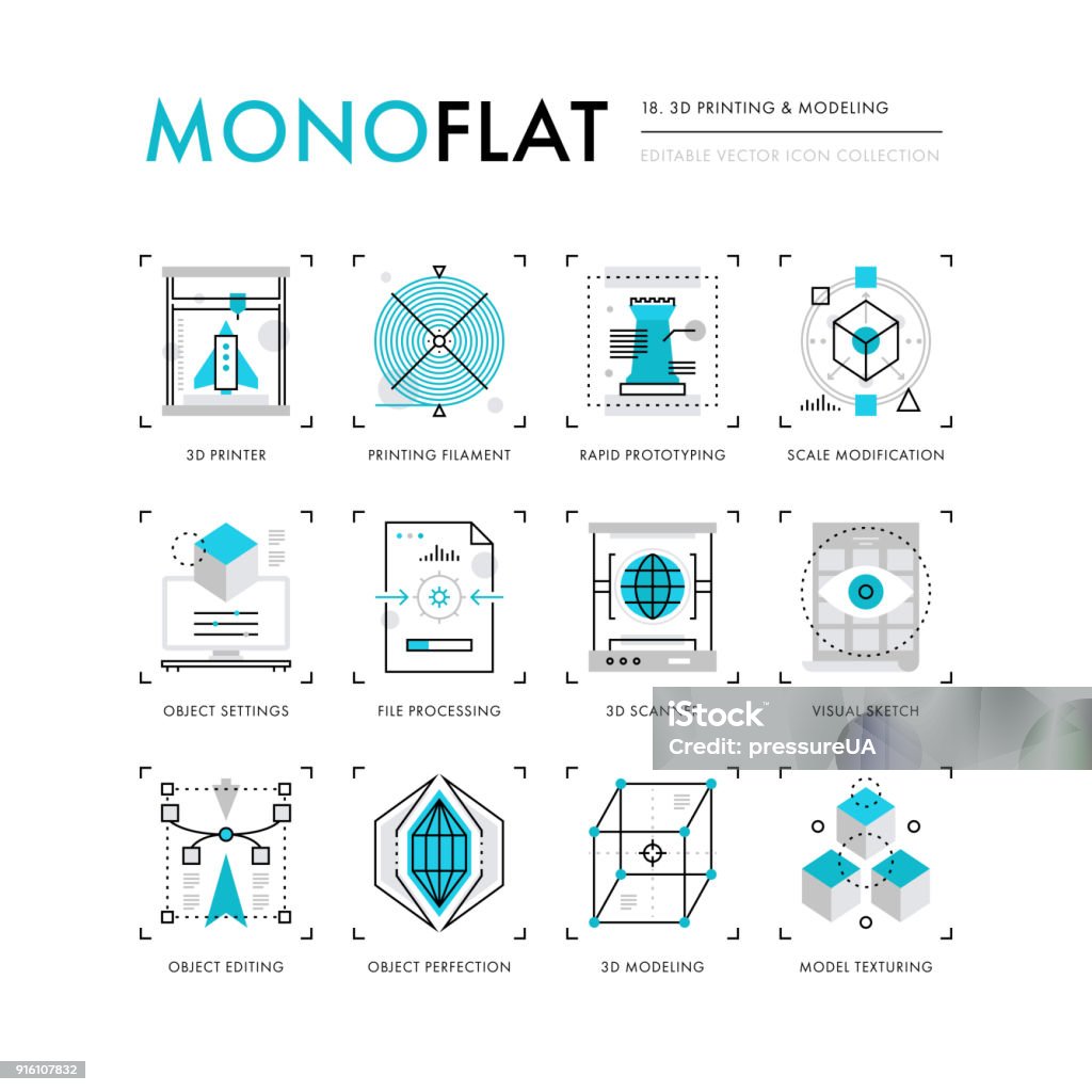 3D Printing Monoflat Icons Infographics icons collection of 3D printing technology, volumetric object scanning and scaling. Modern thin line icons set. Premium quality vector illustration concept. Flat design web graphics elements. Icon Symbol stock vector