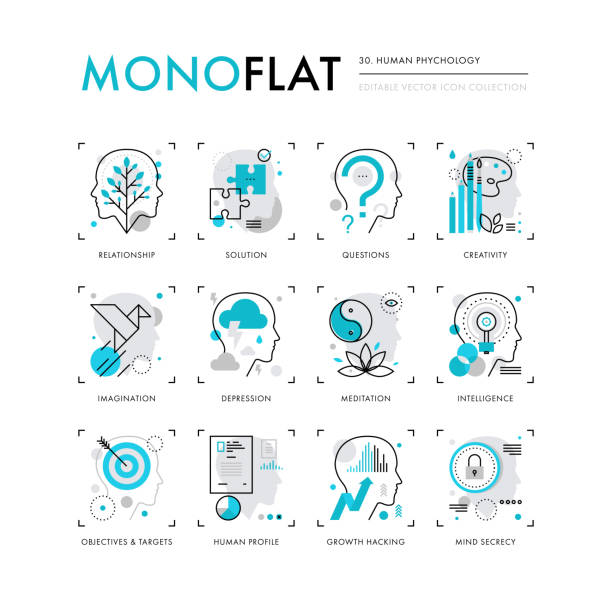 Human Psychology Monoflat Icons Infographics icons collection of human intelligence, psychology models, mental operations. Modern thin line icons set. Premium quality vector illustration concept. Flat design web graphics elements. lifehack stock illustrations
