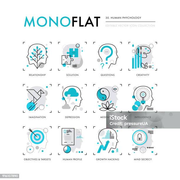 Human Psychology Monoflat Icons Stock Illustration - Download Image Now - Mental Health, Anxiety, Emotional Stress