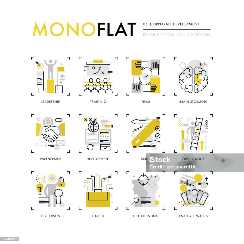 Corporate Development Monoflat Icons Infographics icons collection of leadership skills, team training, employee business career. Modern thin line icons set. Premium quality vector illustration concept. Flat design web graphics elements. Icon Symbol stock vector