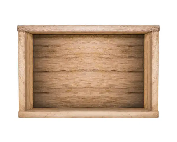 Top view of wooden box isolated on white background. Blank template of opened wooden box. ( Clipping path )