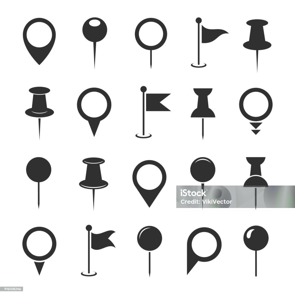 Map pin icon set Map pin icon set. Black and white location indicator, city, country, or a continent position locator. Vector flat style cartoon illustration isolated on white background Map Pin Icon stock vector