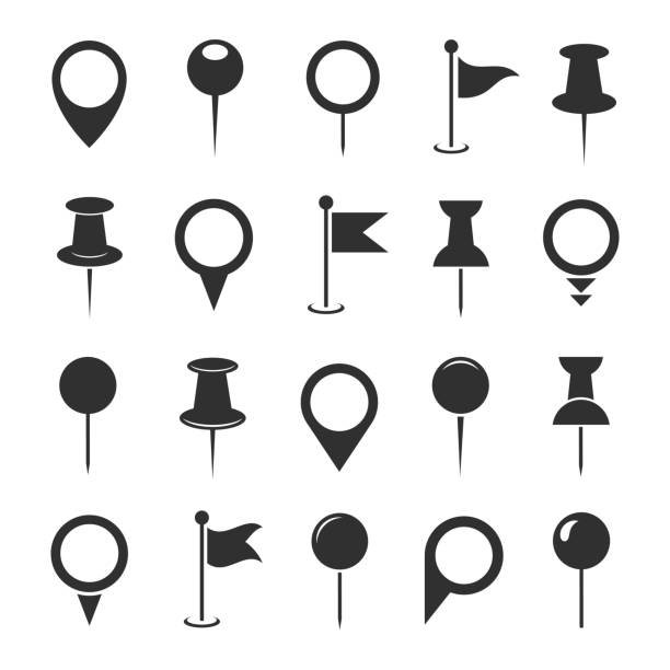 Map pin icon set Map pin icon set. Black and white location indicator, city, country, or a continent position locator. Vector flat style cartoon illustration isolated on white background human settlement stock illustrations