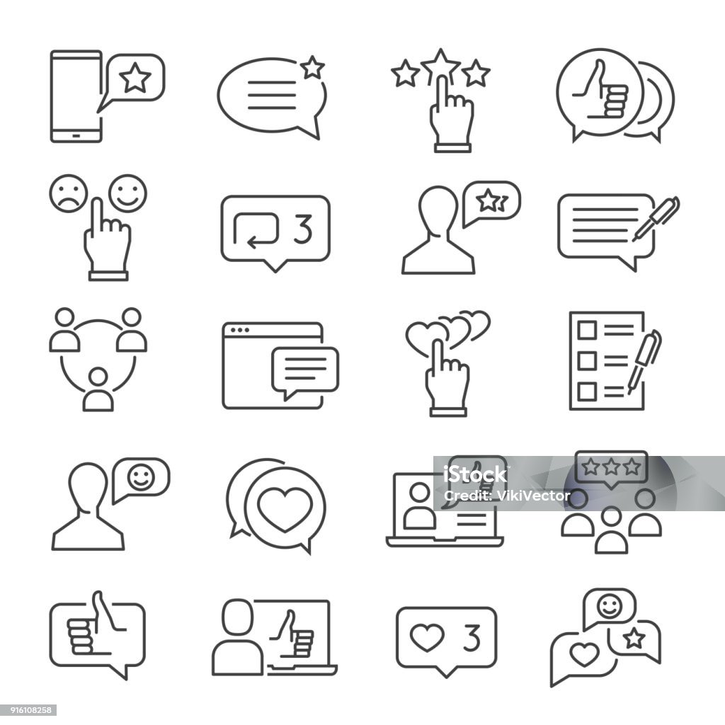 Feedback line icon set Feedback line icon set. Business information about reactions to a product, statements of opinion in speech bubbles. Vector line art illustration Customer stock vector