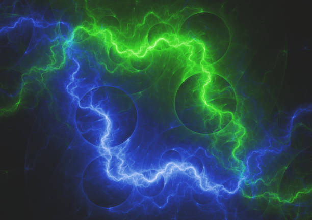istock Green and blue lightning bolt, abstract electrical background 916112914