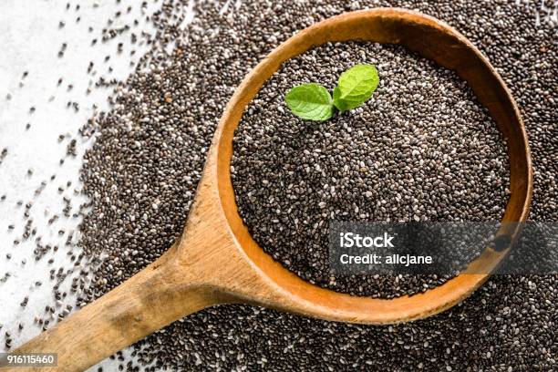 Healthy Food Sources Omega3 Chia Seed Top View Closeup On Wooden Spoon Stock Photo - Download Image Now