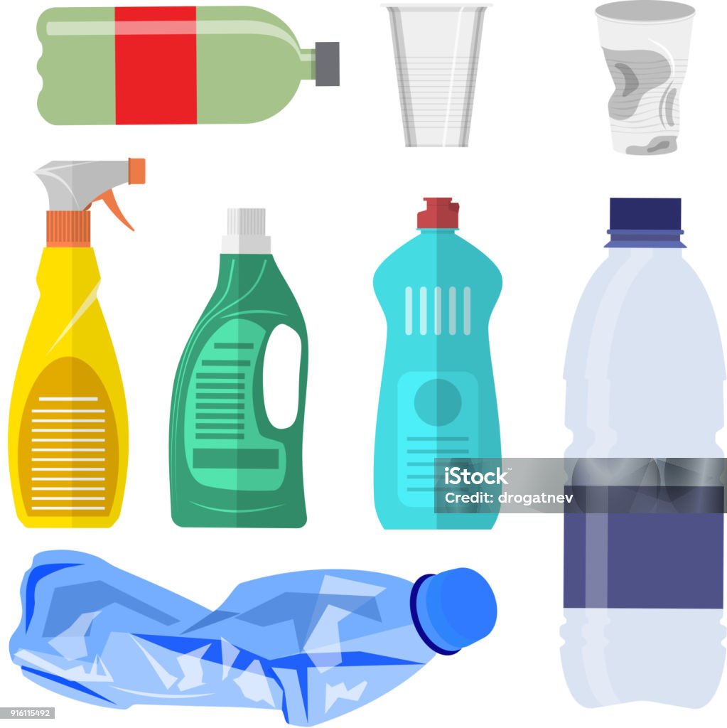 Plastic waste collection on white. Plastic waste icon collection on white. Plastic bottles and another garbage, non-recyclable trash. Vector illustration in flat style Plastic stock vector
