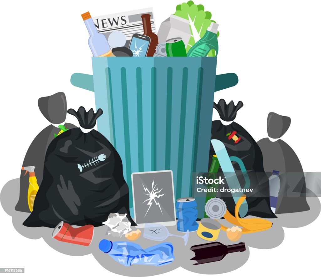 Steel garbage bin full of trash. Steel garbage bin full of trash. Overflowing garbage, food, rotten fruit, papers,containers and glass. Garbage recycling and utilization equipment. Vector illustration in flat style Garbage stock vector