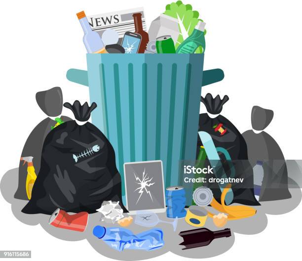 Steel Garbage Bin Full Of Trash Stock Illustration - Download Image Now - Garbage, Garbage Dump, Vector