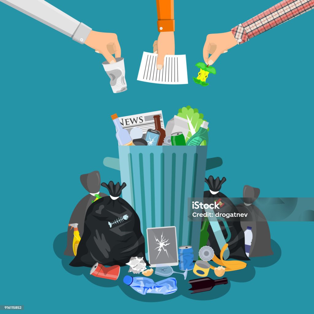 Steel garbage bin full of trash. Steel garbage bin full of trash. Overflowing garbage, food, rotten fruit, papers, plastic containers and gloves, paint and glass. Vector illustration in flat style Rotting stock vector