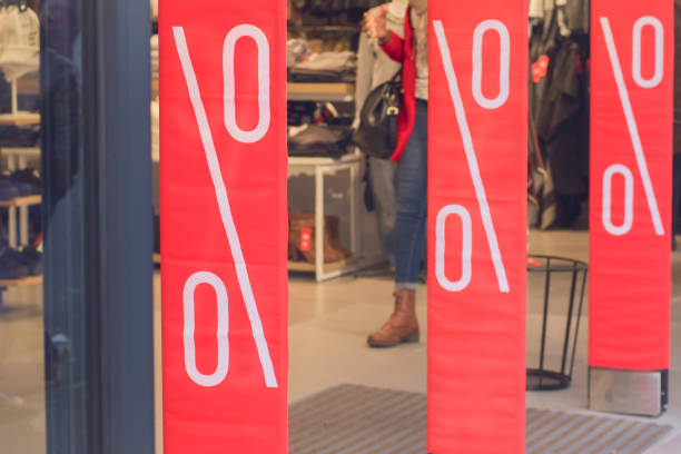 Showcase shops and Sale sign. A glass show-window.